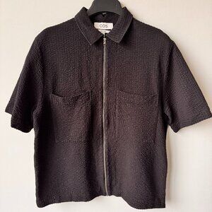 COS Texturized Cotton Zip-Up Jersey Short Sleeved Shirt Black